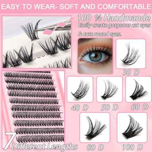 Lash Clusters Kit, Eyelash Clusters Individual Lash Extension Kit 480 Pcs D Curl Fluffy Wispy False Eyelashes Extensions Thin Band with Bond Seal Tweezers Brush Removers (30D+40D KIT 9-16mm)