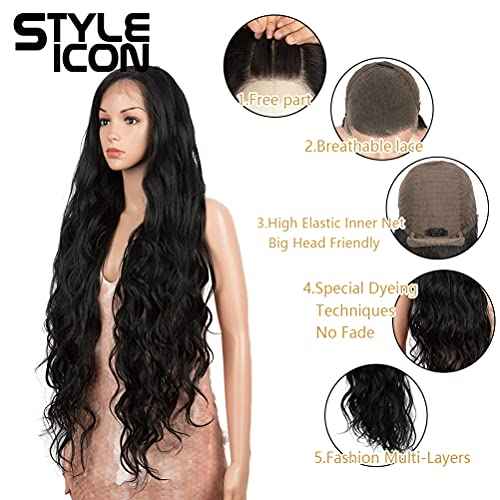 Style Icon Easy-360 36" Free Part Lace Frontal Wigs Super Long Multi-Layered Big Curl Wig Synthetic Wig (36 Inches, 1B)