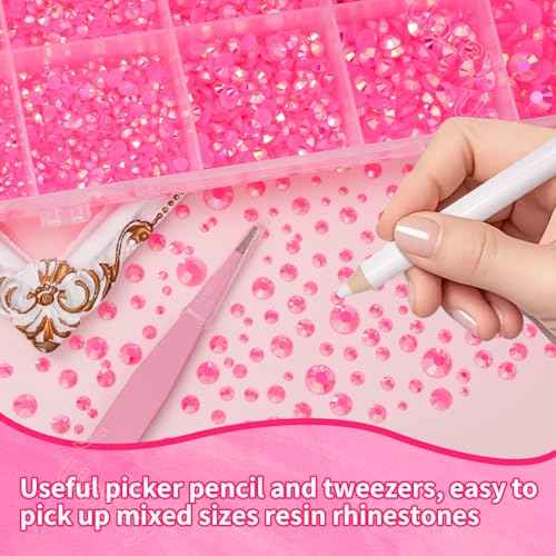 16000 Pcs Resin Rhinestones for Crafting, Flatback Hot Pink Gems Jelly Rhinestones, Mixed Sizes Pink Bedazzling Crystal with Pickup Tool for DIY Crafts Clothing Tumblers Mugs Shoes Fabric Nail Art