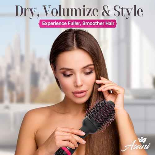 Asani Hair Dryer Brush - 4-in-1 Blow Dryer with Comb, Curling & Hot Hair Straightener Brush - Round Blowout Straightening Brush with Anti-frizz Ceramic Titanium Barrel for All Hair Types (120V)