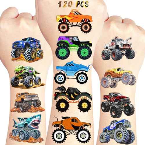 120 PCS Monter Truck pre-Cut Temporary Tattoos for Kids | Monster Truck Themed Birthday Party Favors, Decorations, Supplies; Fake Tattoos Sticker for Goodie Bags Stuffers (Multiple)