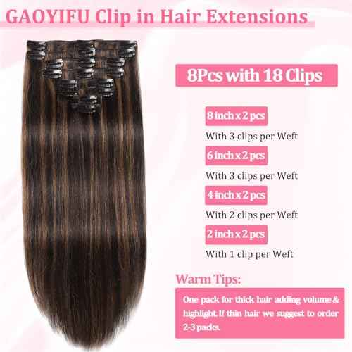 Clip in Hair Extensions Real Human Hair, Seamless Balayage Human hair Clip ins Extensions for Women Invisible Straight 8Pcs Double Weft Dark Brown Highlight Chestnut Brown 18inch 100g