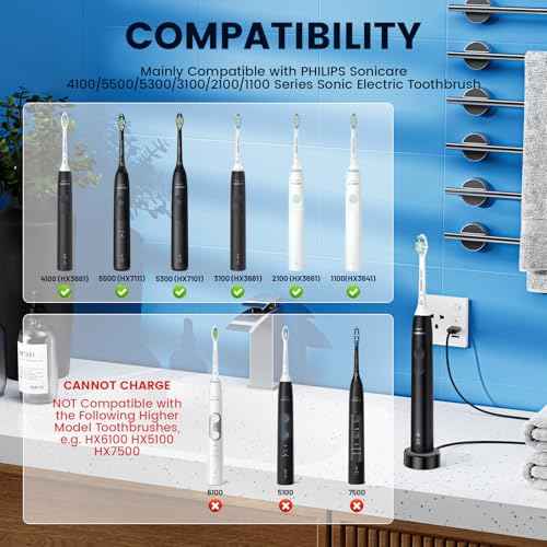 Replacement Charger Base Compatible with Philips Sonicare 5500 5300 4100 3100 2100 1100 Series Rechargeable Electric Toothbrush HX3681 Power Brush USB Waterproof Charging Base Power Cord - Black