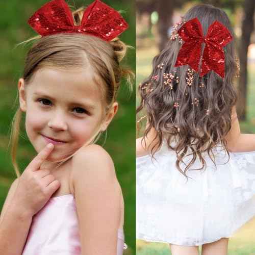 7 Inch Sequin Red Hair Bow Clips, Large Glitter Cheer Bow Clip, Halloween Hair Clip, Big Bows for Hair Clip Gift Hair Accessories for Teens Girls Kids Women (Christmas Red)