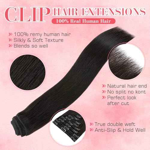 S-noilite Clip in Hair Extensions Human Hair, Natural Black Remy Hair Extensions Double Weft Silky Straight 10 Inch Short Black Human Hair Extensions Clip ins for Women 110grams 8pcs(#1B)