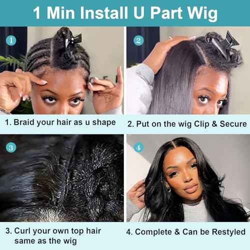 EMOL U Part Human Hair Wig Body Wave 24 Inches Upart Wig for Black Women Long Wavy Brazilian Remy Human Hair Glueless Wigs Natural Black Breathable No Sew In Beginner Friendly