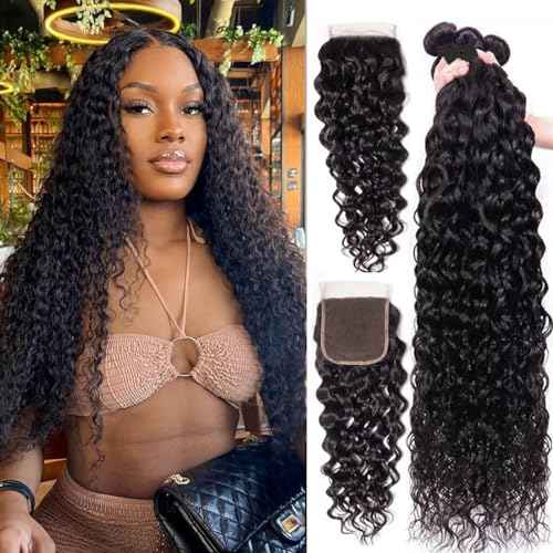 Human Hair Bundles with Closure Water Wave(16 18 20+14,Free Part) Brazilian Virgin Human Hair 3 Bundles and Closure Wet and Wavy Natural Color