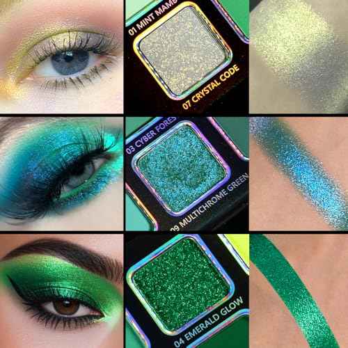 Green Eyeshadow Makeup Palette, 12 Color Green Glitter Holographic Eyeshadow with Matte Shimmer for Brown Eyes, Pigmented Silky Long Last Neon Yellow Blue Eye Shadow for Christmas, Party, Wicked,Vegan