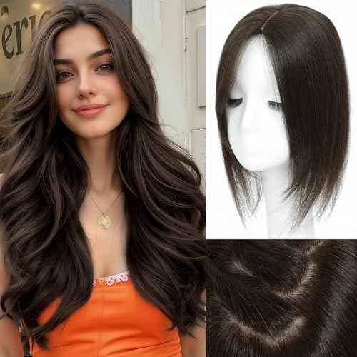 Hair Toppers for Women Real Human Hair, Realistic Biological Scalp Toppers HairPieces for Women with Thinning Hair Middle Part Clip in Bangs Big Base 360¡Æ 3D Cover (Dark Brown, 14 Inch)