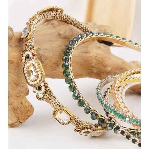 YARN & INK 7 Pcs Women's Champagne Gold Rhinestones Headbands for Women Girls, 80s Pearsl Headband Party Headwear Vintage Bling Christmas Gift (Mix Hairbands)