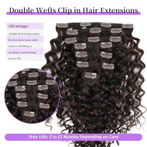 Sassina Natural Wave Clip in Extensions Human Hair Thick Remy Hair Extensions Clip ins Dark Brown Double Weft Brazilian Human Hair Extensions Full Head for Women 7Pcs 120G 22 Inch