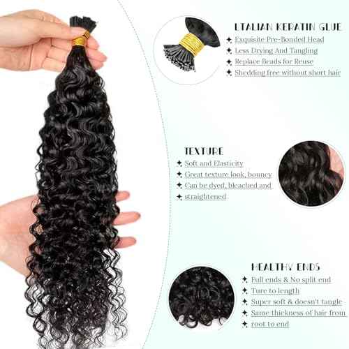 Water Wave Itip Human Hair Extensions 14 Inches Cold Fusion Hair Piece 100 Strands/Pack Curly Pre Bonded Keratin Stick Tipped Hair Extensions for Women I Tip Extensions Human Hair