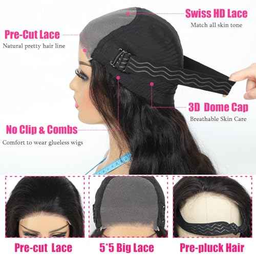 30 Inch Wear and Go Glueless Wigs Human Hair Pre Plukced Pre Cut 5x5 Hd Lace Closure Wigs Human Hair for Women 180% Density Ready to Wear Glueless Body Wave Lace Front Wigs No Glue Wigs