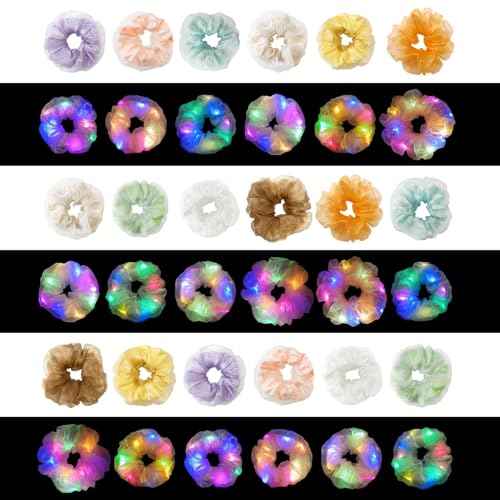 36Pcs Light Up Scrunchies, LED Double Layer of Fabric Hair Ties for Girls, Rave Neon Party Favors Hair Accessories for Women, Glow in The Dark Party Supplies for Birthday Halloween Christmas
