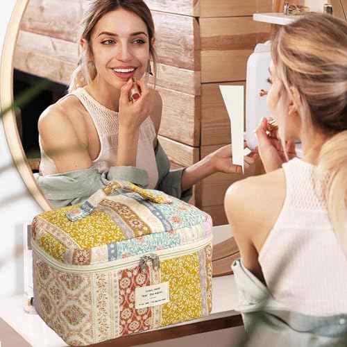 Quilted Makeup Bag, Large Makeup Bag, Cute Cosmetic Bag for Women Girls, Floral Coquette Aesthetic Patchwork Travel Toiletry Make Up Organizer Bag