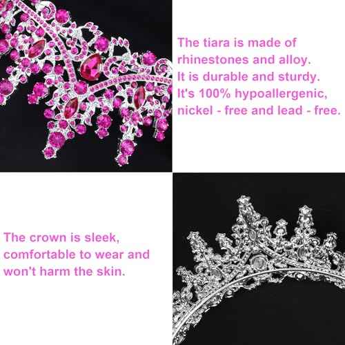 COCIDE Hot Pink Crowns for Women Hot Pink Tiaras for Women Costume Halloween Girls Hair Accessories Royal Crystal Headbands Cosplay Princess Birthday Pageant Bride Headpieces