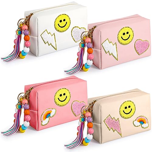 Sanwuta 4 Pcs Chenille Preppy Makeup Bag Portable Monogram Cosmetic Bag with Keychain Bracelet Pu Leather Waterproof Toiletry Bag Cute Pouches for Girl Women (Bright)