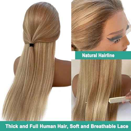 Ash Blonde Highlight Wig Human Hair, Wear and Go Glueless 13x4 Frontal Wig Ombre Colored Balayage Blonde with Brown Lace Front Wigs Human Hair 180% Density Thick Ends Free Part Lace Wigs for Women 22"