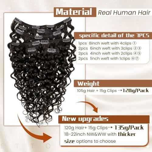 Hetto Curly Clip in Hair Extensions Human Hair 18inch 120g 7pcs #2 Darkest Brown Curly Clip in Human Hair Extensions Natural Wavy Clips in Extension Human Hair