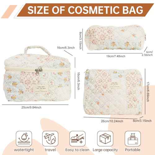 Generic Quilted Makeup Bag Set, Cute Cotton Floral Makeup Bag, Aesthetic Coquette Toiletry Bag, For Travel Toiletry (Bee Flower)