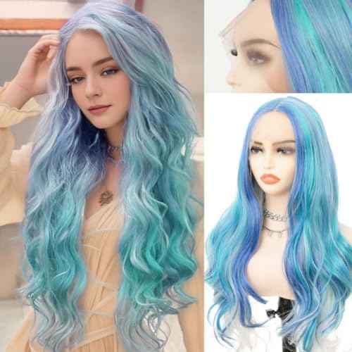 Cyan Blue Wig Mermaid Wig Lace Front Wigs for Women Ombre Blue Long Curly Wavy Synthetic Wig Colored Wigs for Cosplay Party Halloween Use