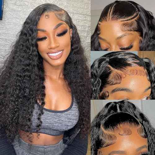 XVE 13x4 Deep Wave Wig Human Hair Pre Plucked 200% Density Wet And Wavy Human Hair Wigs For Women Transparent Lace Frontal Curly Wigs Brazilian Hair Glueless Wigs Natural Black Color 24 Inch
