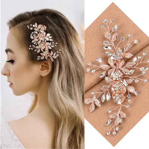 Bridal Hair Accessories Bright Rose Gold Wedding Hair Duckbill Clip for Brides, Handmade Rhinestone Hair Vine Wedding Head Pieces for Women and Bridesmaids Flower Girls