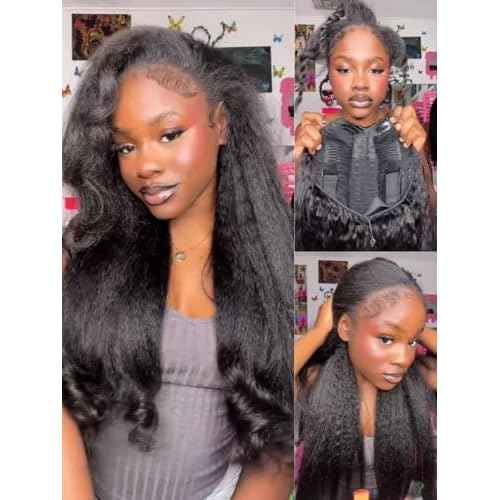 Sunber V Part Wig Human Hair Glueless Wig Kinky Straight Upgrade No Leave Out Vpart Kinky Straight Wigs 150% Density Glueless Clip in Half Wigs No Glue No Sew in Beginner Friendly 18Inch
