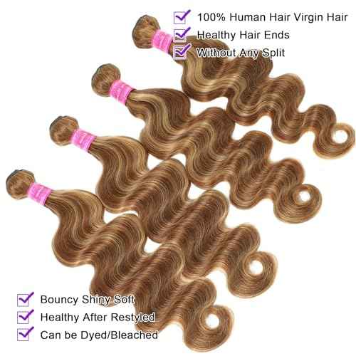Vallbest Ombre Human Hair Bundles with Closure 16 18 20 +14 Inch Highlight Bundles Human Hair 4/27 Brown Body Wave Blonde Bundles with 4x4 Closure 12A Brazilian Virgin Remy Weave Raw Hair Extensions