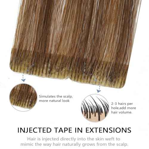 COOKAYU Injected Tape in Hair Extensions Human Hair,Medium Brown to Caramel Blonde Invisible Human Hair Tape in Extensions Seamless 20pcs 30g 14Inch