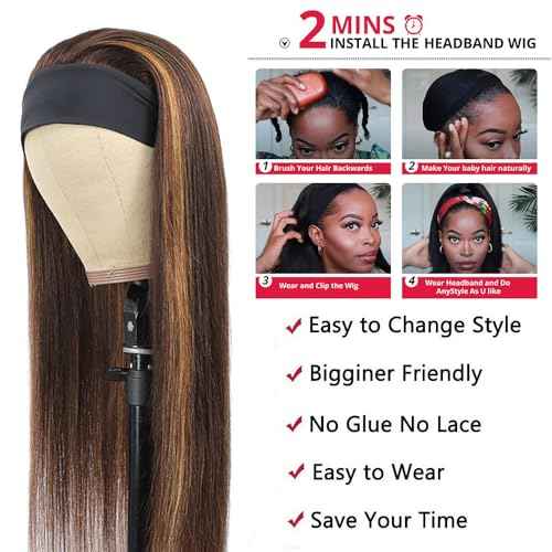 Highlight Ombre Straight Headband Wigs Human Hair Ombre Headband Wig for Women Machine Made Wig Brazilian Virgin Human Hair 150% Density 22 Inch