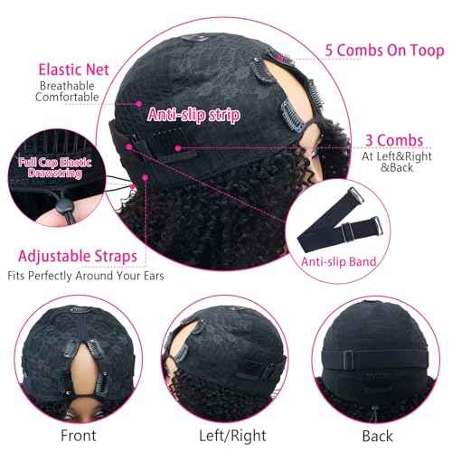 Afro Kinky Curly V Part Wigs With Drawstring For Black Women,200% Density Kinky Curly V Part Human Hair Wigs,Upgrade No Sew In & Glueless Design,Beginner Friendly,Natural Black Color(20inch)
