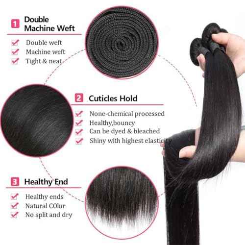 12A Straight Bundles with 2x6 Closure Human Hair 16 18 20 with 14 Inch 100% Unprocessed Brazilian Virgin Human Hair Weave Bundles with 2x6 HD Lace Closure