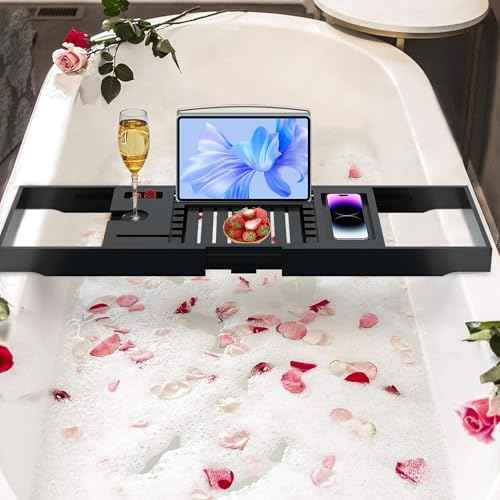 Luxury Bathtub Caddy Tray for Tub - Foldable Bamboo Bath Table Tray with Book and Wine Glass Holder, Expandable Bathroom Accessories for Spa or Reading Lite Style,Black
