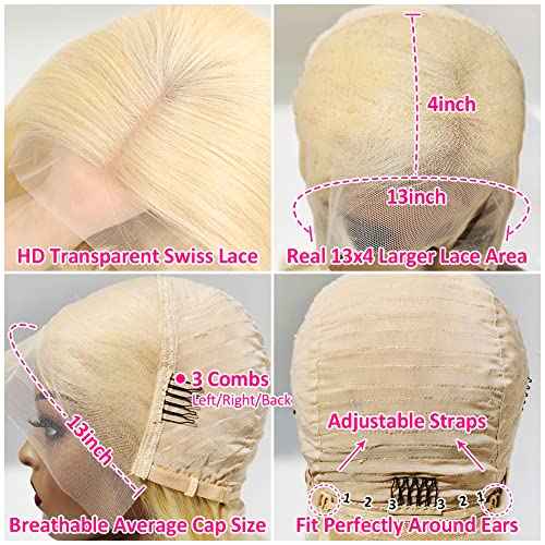 Flady 14 inch Blonde Bob Wig Human Hair 13x4 HD Lace Front Wigs Pre Plucked Hairline 180% Density Glueless Blunt Cut Straight Bob Wig