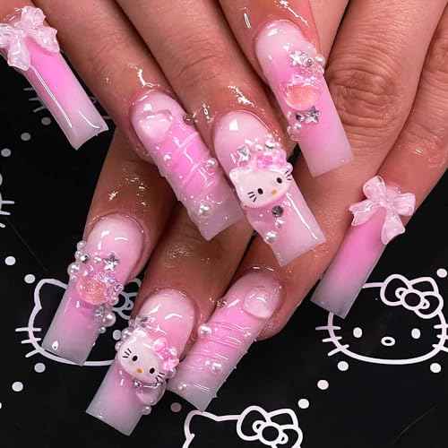 24Pcs Pink Coffin Nails Press on Nails Long Coffin Fake Nail with 3D Heart Pearl Star Charms Design Nail Art Gems Diamond Pink Acrylic Nail Art Supply Full Cover Stick on Nails Art for Women
