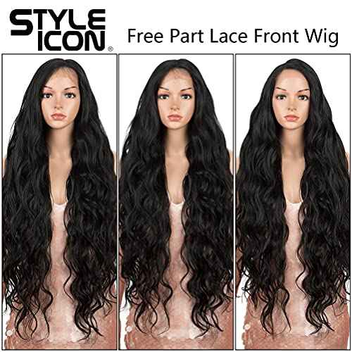 Style Icon Easy-360 36" Free Part Lace Frontal Wigs Super Long Multi-Layered Big Curl Wig Synthetic Wig (36 Inches, 1B)