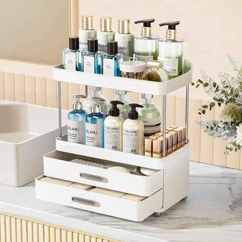 Delamu Bathroom Counter Organizer with Lipstick Holder, 4 Tier 2 Drawers Makeup Organizer, Bathroom Organizers and Storage for Vanity, Office, Perfume, Skincare, White