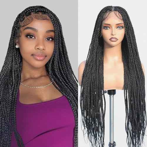 36 Inch Braided Wigs for Black Women Full Lace Box Braid Wig With Baby Hair Long Synthetic Braided Lace Wigs Natural Black