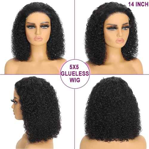 Glueless Curly Bob Wigs Human Hair Pre Plucked Pre Cut 5x5 HD Lace Closure Wigs for Black Women Wear and Go Lace Frontal Wig Human Hair Deep Wave Lace Front Short Bob Wigs 180 Density 14 Inch