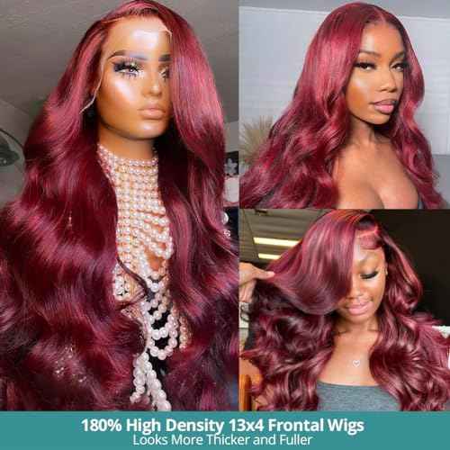 Allove 99j Burgundy Lace Front Wigs Human Hair Pre Plucked 180% Density 24inch Body Wave Lace Front Wigs Human Hair with Baby Hair 13x4 Glueless HD Transparent Frontal Human Hair Wigs For Women