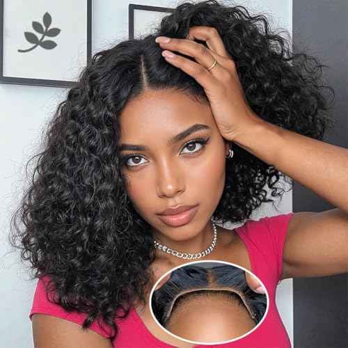 Glueless Curly Bob Wigs Human Hair Pre Plucked Pre Cut 5x5 HD Lace Closure Wigs for Black Women Wear and Go Lace Frontal Wig Human Hair Deep Wave Lace Front Short Bob Wigs 180 Density 14 Inch