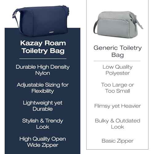 KAZAY Expandable Toiletry Bag with Side Clips for Adjustable Sizing, Premium High-Density Nylon, Open Wide Zipper, Stylish, Water Resistant, Cosmetic Bag, Makeup Bag, Full-Size Bottles, Unisex (Navy)