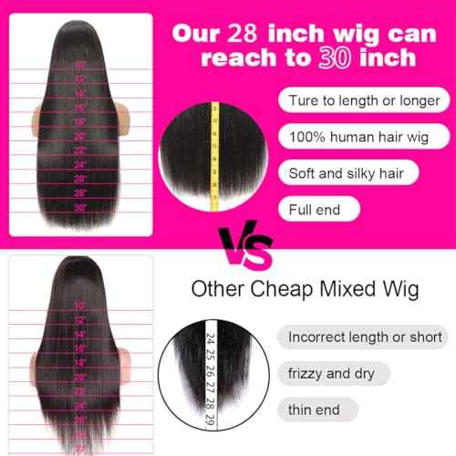 13x6 Lace Front Wigs Human Hair 200% Density Ear to Ear Pre Plucked Pre Bleached Knots with Baby Hair Brazilian Unprocessed Waterfall Straight Human Hair Wigs for Black Women (28 Inch)