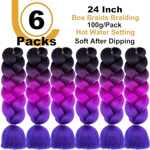 FYRLNA 6 Packs 24 Inch Jumbo Braiding Hair Soft High Temperature Resistance Synthetic Hair Extensions for Women 24 Inch Ombre Jumbo Braiding Hair Twist Crochet Braids Hair (24 Inch (Pack of 6), Black to Purple Red to Royal Blue)