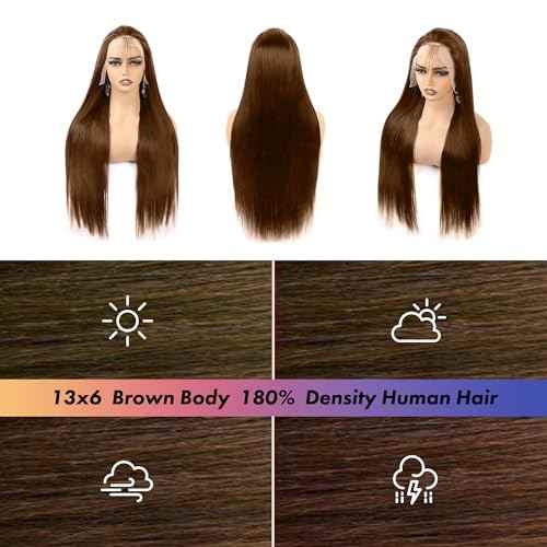 28 Inch Brown Straight Wig Human Hair 13x6 Hd Lace Front Human Hair Wigs For Black Women Glueless Lace Front Wigs Pre Plucked 180% Density Brown Wig