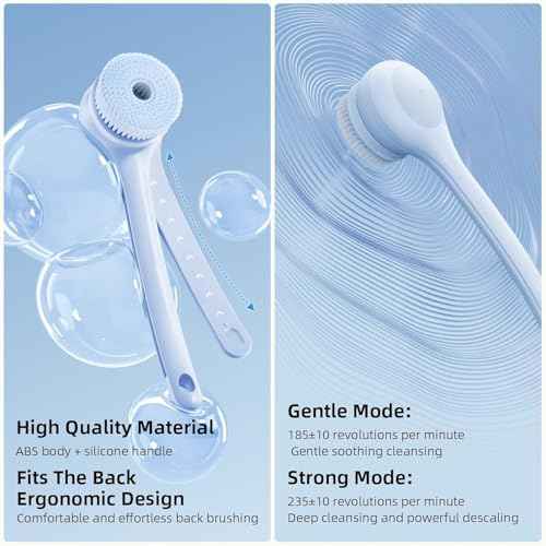 Electric Body Brush Back Scrubber for Shower, Waterproof Long Dual Handle Power Body Scrubber with 3 Heads, Rechargeable Bath Brush & 2 Speeds, for Cleansing, Exfoliating and Massaging Skin