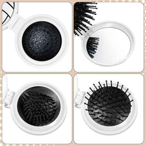 12 Pcs Volleyball Mini Detangler Brush, Folding Mirror Hair Brushes, Mini Travel Hair Brush, No Tangle Soft Flexible Bristles for Straight, Curly, Thick Hair for Volleyball Team Gift Sport Party