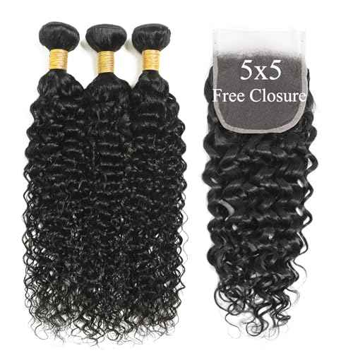 Water Wave Human Hair Bundles with Closure (20 22 24+18) Wet and Wavy 100% Unprocessed Brazilian Virgin human hair 3 Bundles with 5x5 Lace Closure Free Part Curly Wave Hair Extensions
