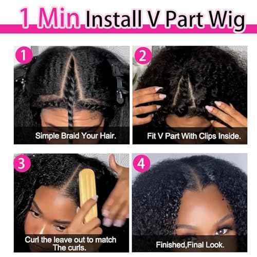 Afro Kinky Curly V Part Wigs With Drawstring For Black Women,200% Density Kinky Curly V Part Human Hair Wigs,Upgrade No Sew In & Glueless Design,Beginner Friendly,Natural Black Color(20inch)
